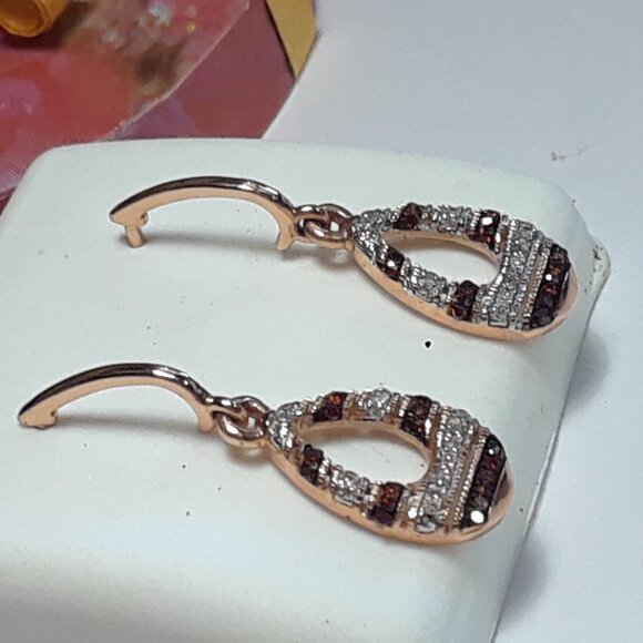 .18ctw Natural Red & Wht Diamond Dangle 10KT Rose Gold Screw back Earrings#19889 - Picture 2 of 5